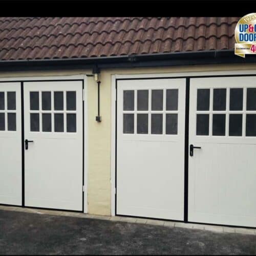 Garador Side Hinged Doors in White with Contrast Black Frame and Handles