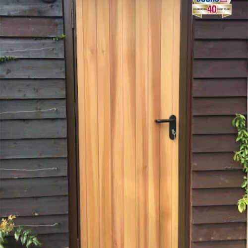 Garador Vertical Cedar Personnel Door in Light Oak with Steel Frame